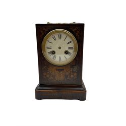 A 19th century 8-day  French timepiece clock in a walnut veneered drumhead case, with a white enamel dial, Roman numerals and minute , steel moon hands within a glazed brass bezel. No pendulum or Key.   
H30 W25 D10
With a late 19th century French officers campaign clock striking the hours and half hours on a bell, in an ebonised case with contrasting satinwood inlay to the front and sides, with a cast brass carrying handle, eight-day countwheel movement with a platform lever escapement, replacement dial with Roman numerals and minute track, hands missing.
No Key
H22 W14 D12
