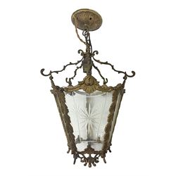 Edwardian floral cast gilt brass hall lantern of tapered pentagonal form, the five glass panels with etched decoration, overall approx L36cm excl chain