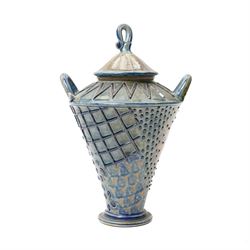 Andrew Osborne (1956 -): Geometric Jar and Bowl, with abstract design in typical blue and green glazes, incised marks to bases, jar H34cm