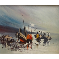 Bamburgh Castle, oil on canvas signed with initials by Angela McCall, Blue Seascape, oil on canvas signed verso by Sharon Morgan, Fishing Boats on the Shore, two oils on board max 37cm x 45cm (2)  