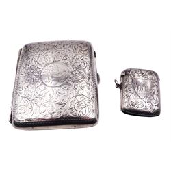Early 20th century silver cigarette case, of rectangular form with engraved monogram to centre and foliate surround, hallmarked John Rose, Birmingham 1913, H8.5cm, together with an early 20th century silver vesta case, engraved with initials to cartouche and foliate surround, hallmarked Rolason Brothers, Birmingham 1911, H4.5cm, approximate total weight 3.33 ozt (103.7 grams)