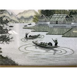 Chinese School (20th century): Emperor Qin Shihuang, stitched tapestry together with two other similar depicting a pagoda and island scene max 48cm x 33cm (3)