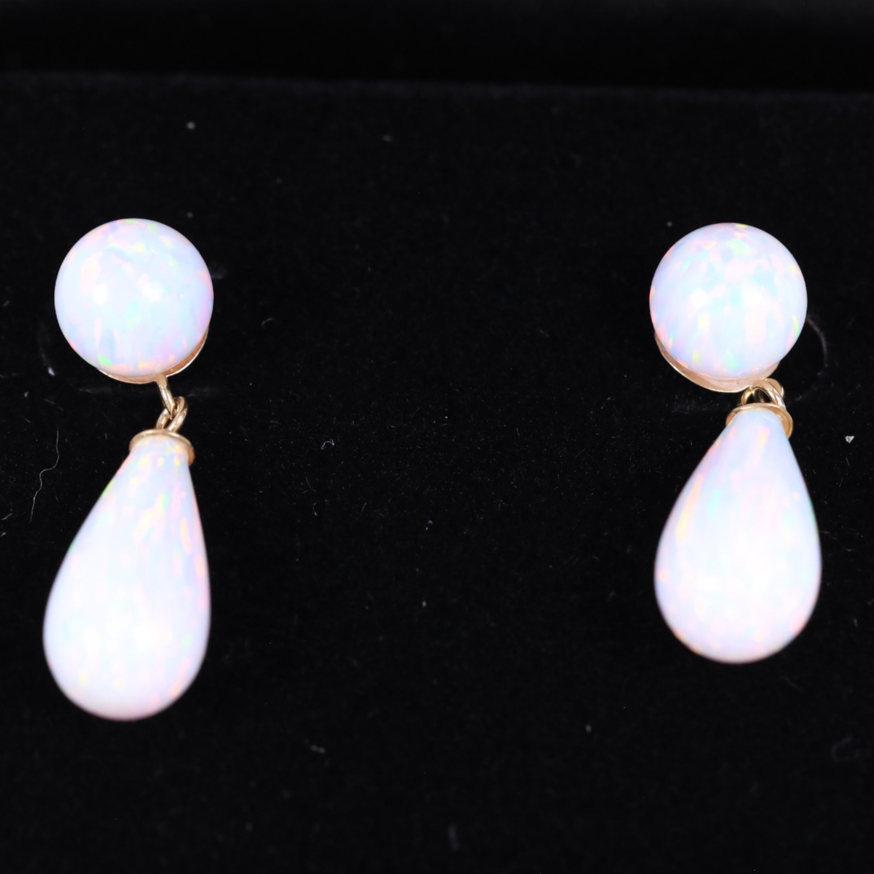 Pair of 9ct gold opal pendant earrings, boxed