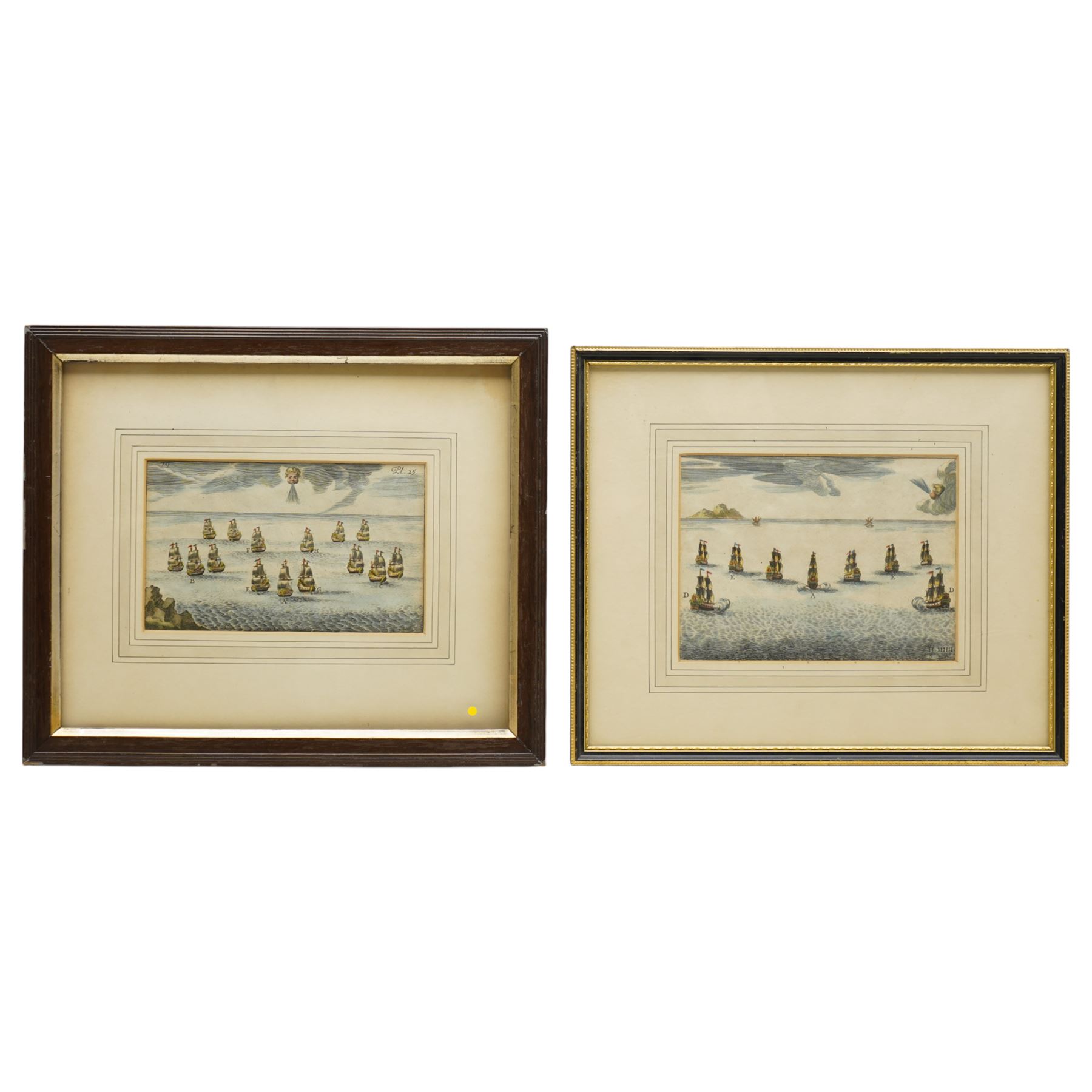 M Ogier (French fl. 1676 -1710) after Pierre Puget (French 1620-1694): Naval Manouevers, pair of late 18th century engravings with hand-colouring pub. Paul Hoste 'L'Art des Armées Navales' (The Art of Naval Armies, or Treatise on Naval Evolutions) c.1697, 12cm x 19cm (2)