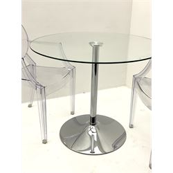Circular pedestal bistro table, and two Ghost type chairs