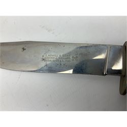 Graduated set of three Bowie knives by J. Nowill & Sons Sheffield England Est. AD1700, each with steel blade, brass cross-piece, stacked leather type grip and alloy pommel; largest blade 13cm and smallest 7.5cm; each in leather sheath (3)