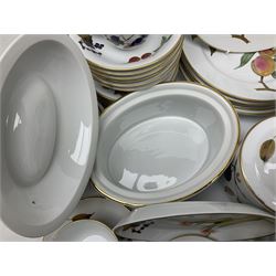 Royal Worcester Evesham pattern tea and dinner wares, to include, three covered tureens of various sizes, coffee pot, two lidded pots, tea cups and saucers of various sizes, two egg cups, round serving platter, five dinner plates, large jug, pair of napkin rings, salt and pepper etc (72)