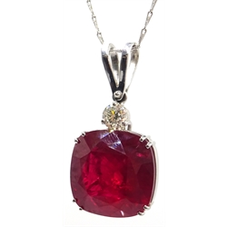  18ct white gold large cushion cut ruby and diamond pendant, stamped 750, ruby approx 28.7 carat, diamond approx 0.6 carat  