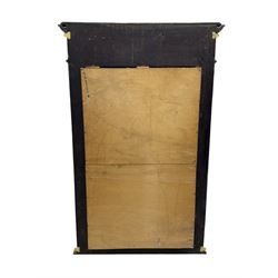 Victorian green and white painted mirror, rectangular bevelled plate within a moulded frame carved in relief with a continuous band of flowerhead roundels, the upper section with stepped cornice and leaf carved frieze  