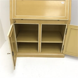 Painted bureau bookcase , projecting cornice, two doors above fall front enclosing fitted interior, two cupboard doors, plinth base, W100cm, H215cm, D53cm