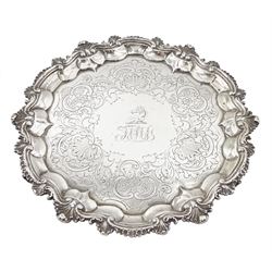 George III silver salver, cast acanthus leaf rim with engraved circular border and contemporary crest probably by William Stroud London 1811, approx. 17oz