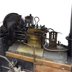 Mid-20th century scratch-built red and yellow painted live-steam scale model of a Showman's Traction Engine, 'Supreme' S.A. Oates & Sons, the simulated full length planked wooden canopy with brass supports and rope edging, with regulator, hand brake, chain steering , dynamo and water feed controls 19cm flywheel, 32cm diameter rear wheels with solid rubber tyres and 21cm diameter front wheels L102cm; together with scratch-built ride-on two-wheel trailer L58cm, and various brass rally plaques for 1980s/1990s.
This is a large, most interesting and comprehensive live-steam working model in need of re-furnishment and some repairs, the boiler has not been tested.