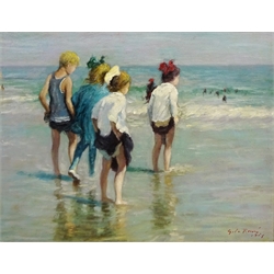  Children Paddling on the Shoreline, 20th century oil on board indistinctly signed and dated 49cm x 64cm  