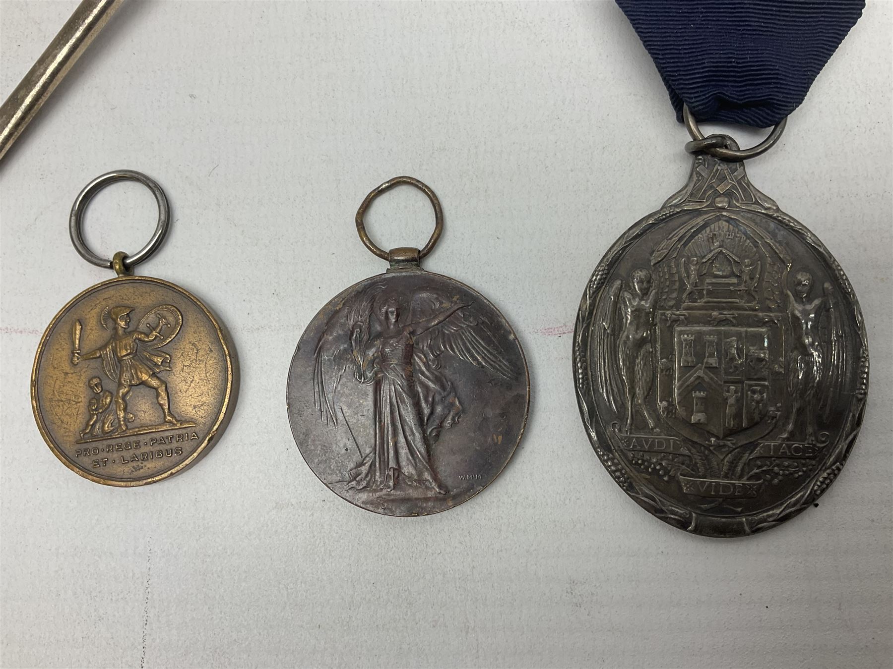 Two silver Georgian tablespoons, approximate total weight 3.36 ozt (104.7 grams), together with Great War Peace Medal 1919 and two others 