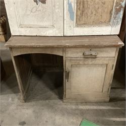 20th century oak pedestal desk, rectangular top over drawer and panelled cupboard, on skirted base - THIS LOT IS TO BE COLLECTED BY APPOINTMENT FROM THE OLD BUFFER DEPOT, MELBOURNE PLACE, SOWERBY, THIRSK, YO7 1QY