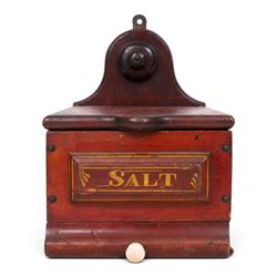 19th century salt box, wall mounted, lift open top, above a single drawer, with ceramic ha...