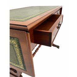 20th century drop leaf sofa table, with inset leather top, two frieze drawers