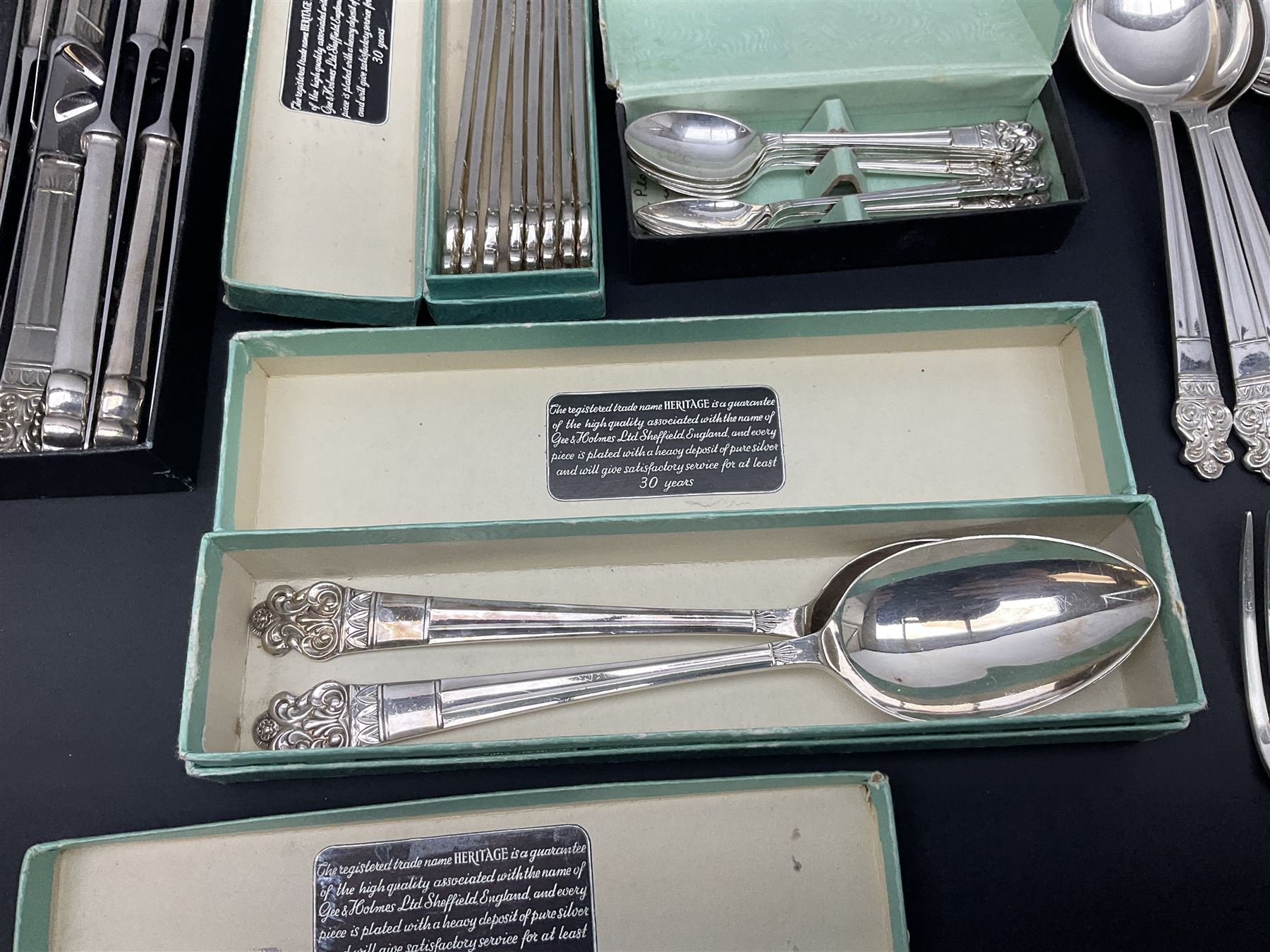 Gee & Holmes Ltd Elizabethan pattern part canteen of silver plated cutlery, stamped GH Heritage Plate