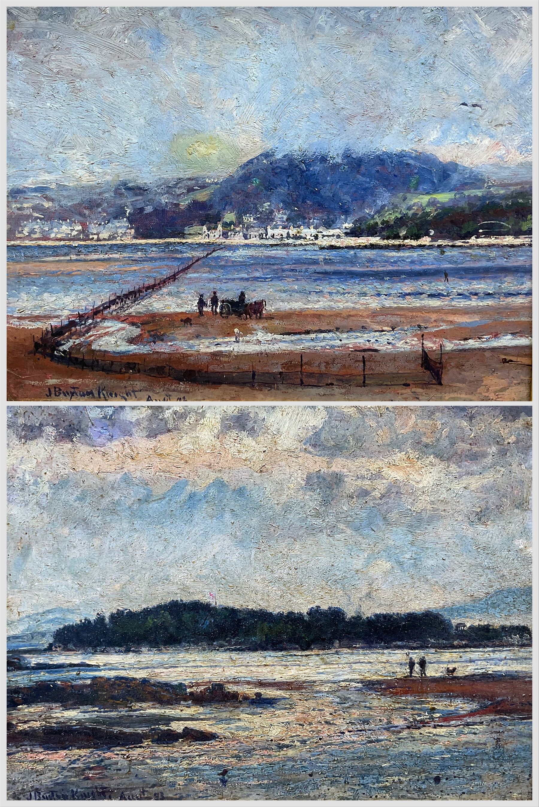 John William Buxton Knight RBA (British 1842-1908): View Towards Arnside and Shore Scene, two oils on canvas signed and dated '93, 24cm x 30cm (2) 