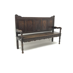  19th century oak hall bench, heavily carved panelled back, turned supports, W180cm  