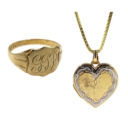 9ct gold heart locket pendant on box chain necklace hallmarked
and gold signet ring, approx 10.3gm