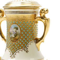 Coalport porcelain jewelled vase and cover, circa 1900, painted with a small enamel reserve of Loch Awe, printed backstamp and gilt numbered V5955, H17cm