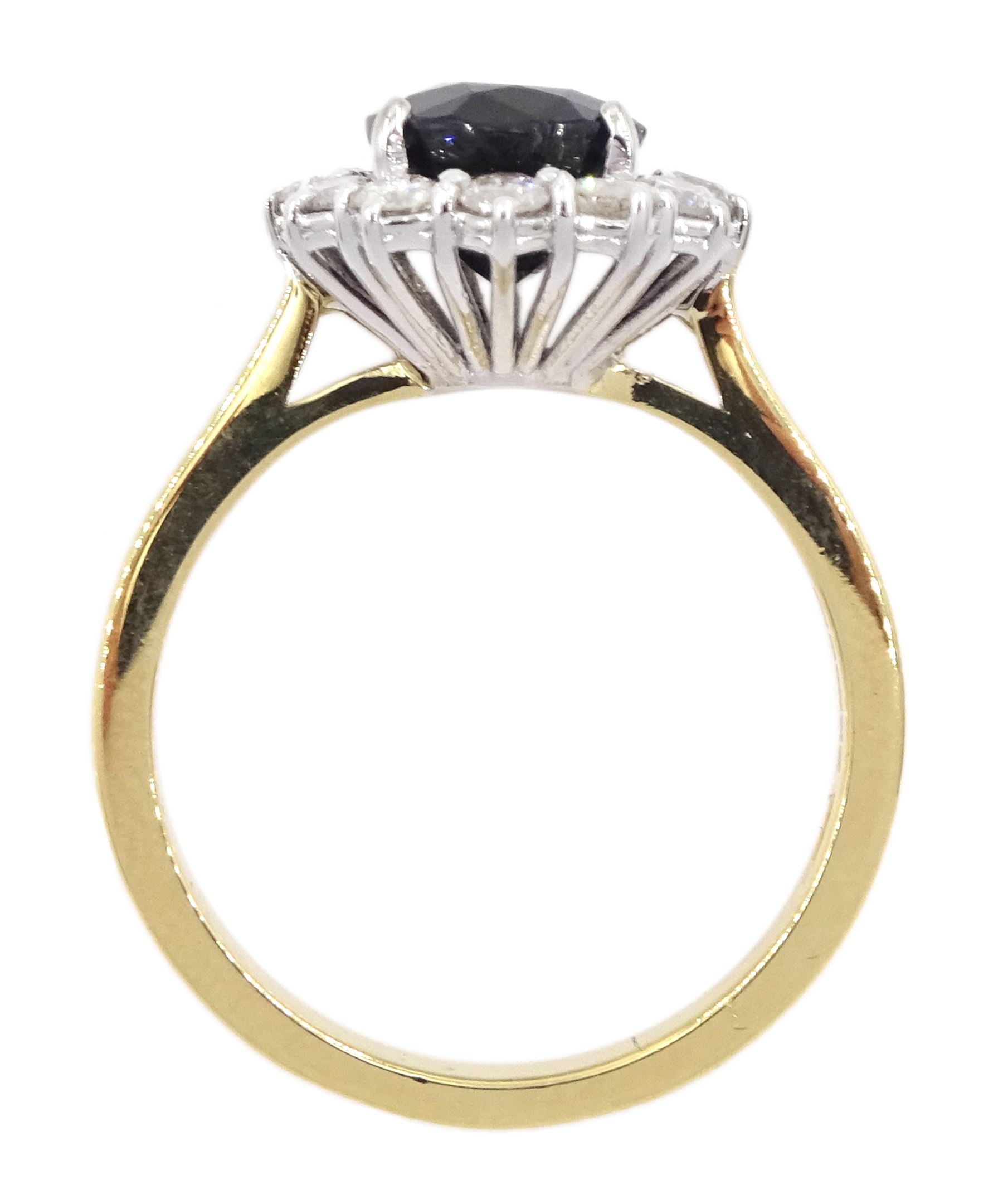 18ct gold oval sapphire and round brilliant cut diamond cluster ring, hallmarked, total diamond weight approx 0.55 carat, sapphire approx 2.60 carat