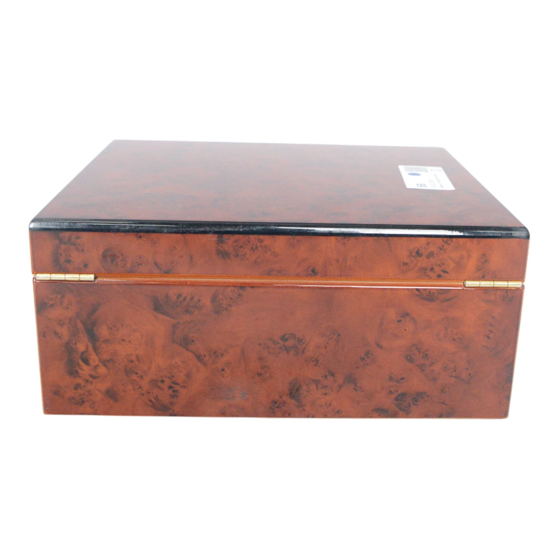 Birdseye maple humidor, together with watch organiser, the hinged lid opening to ten cushioned sections, with draw beneath  