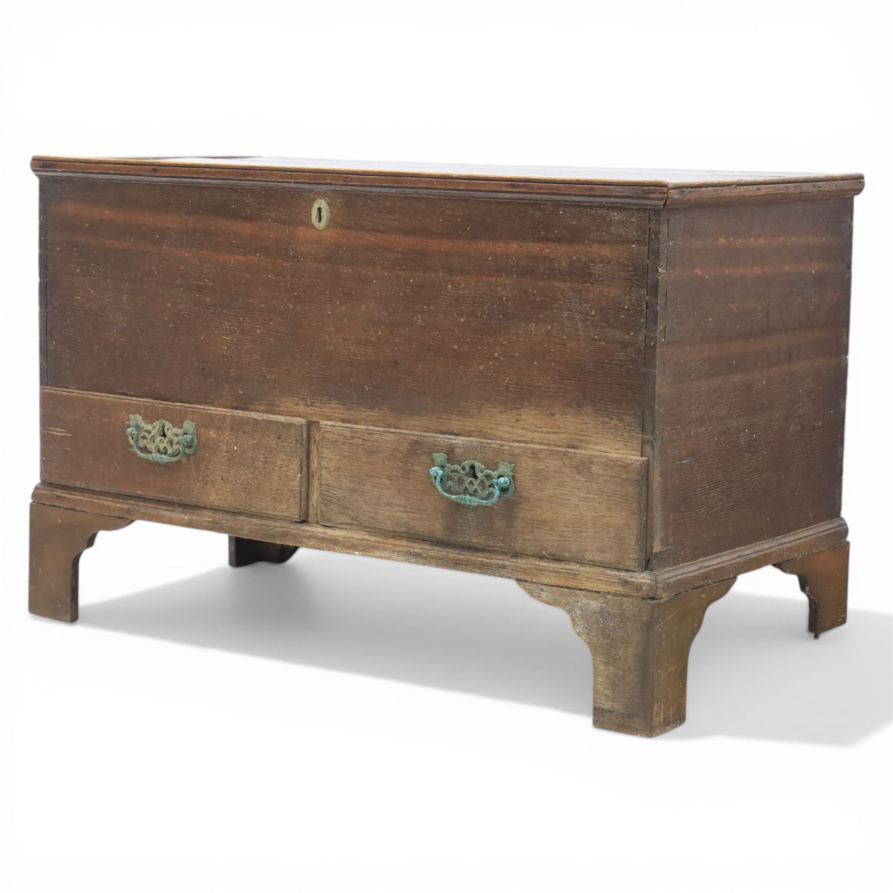 19th century oak mule chest, with lidded top above two short drawers, raised on bracket feet