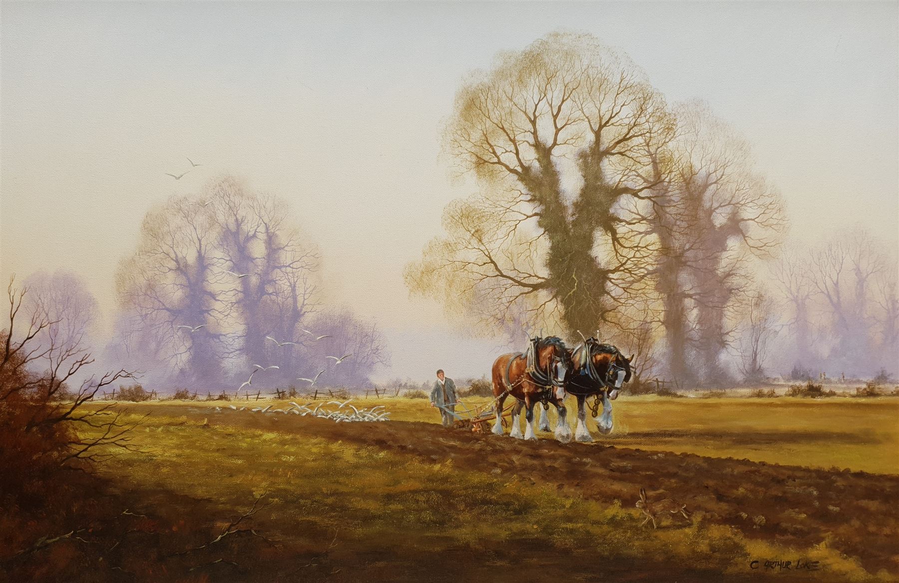 Arthur Lokie (British 1948-): Ploughing Team, oil on canvas signed 50cm x 75cm