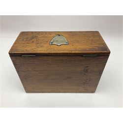 Wooden table stationery box, with drop down front and fitted interior, with metal shield plaque to the hinged lid, H18cm