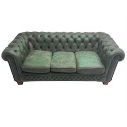 Mid-20th century three seat Chesterfield sofa, upholstered in buttoned green leather with studwork, on square supports