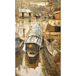 Le Minh (Vietnamese 1937-): Fishing Village with Moored Boats, oil on canvas signed and dated '69, 49cm x 29.5cm