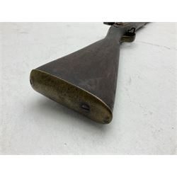 20th century Indian percussion military musket, approximately 20-bore, the 96.5cm barrel with three bands, the steel lock-plate marked 1862 Enfield, walnut full stock with brass fittings and under barrel ramrod channel L140.5cm overall