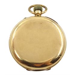 Victorian gold-plated open face keyless lever chronograph pocket watch, white enamel dial with Roman numerals