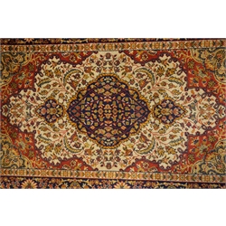  Persian style red ground runner rug, triple floral medallions, scrolled guarded border, 74cm x 275cm  
