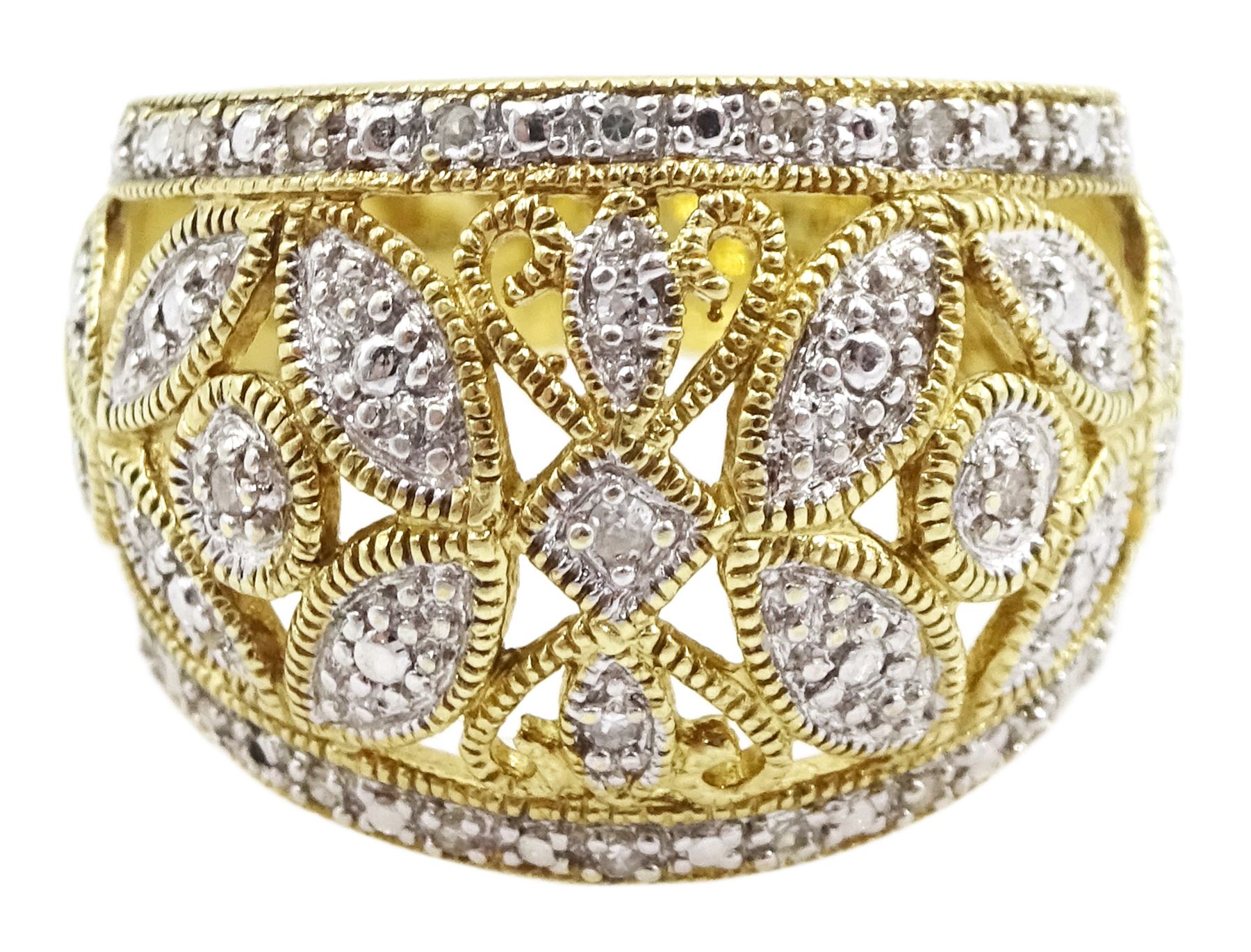 9ct white and yellow gold diamond chip, pierced openwork design ring, hallmarked
