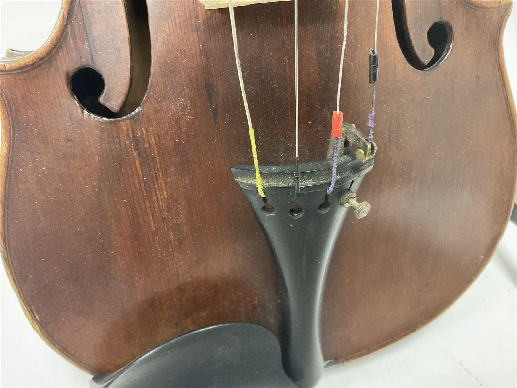 Full size violin and bow in a wooden constructed fitted case, back length 35cm, full length 60cm