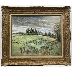 Enslin Hercules Du Plessis (South African 1894-1978): 'Fir Trees from Lynch Hill Lane', oil on canvas signed, titled on the frame 48cm x 59cm