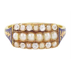 Victorian gold diamond and pearl three-row memorial ring, set with seven old cut diamonds ...