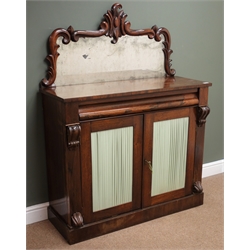  19th century rosewood Chiffonier raised mirror back, single frieze drawer above two doors with pleated fabric panels, plinth base, W108c,. H91cm, D42cm  