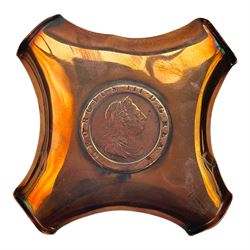 Copper tankards, including one example with plated handle and base stamped 'Barley Corn', brass box with secret compartment, and other brass and copper collectables