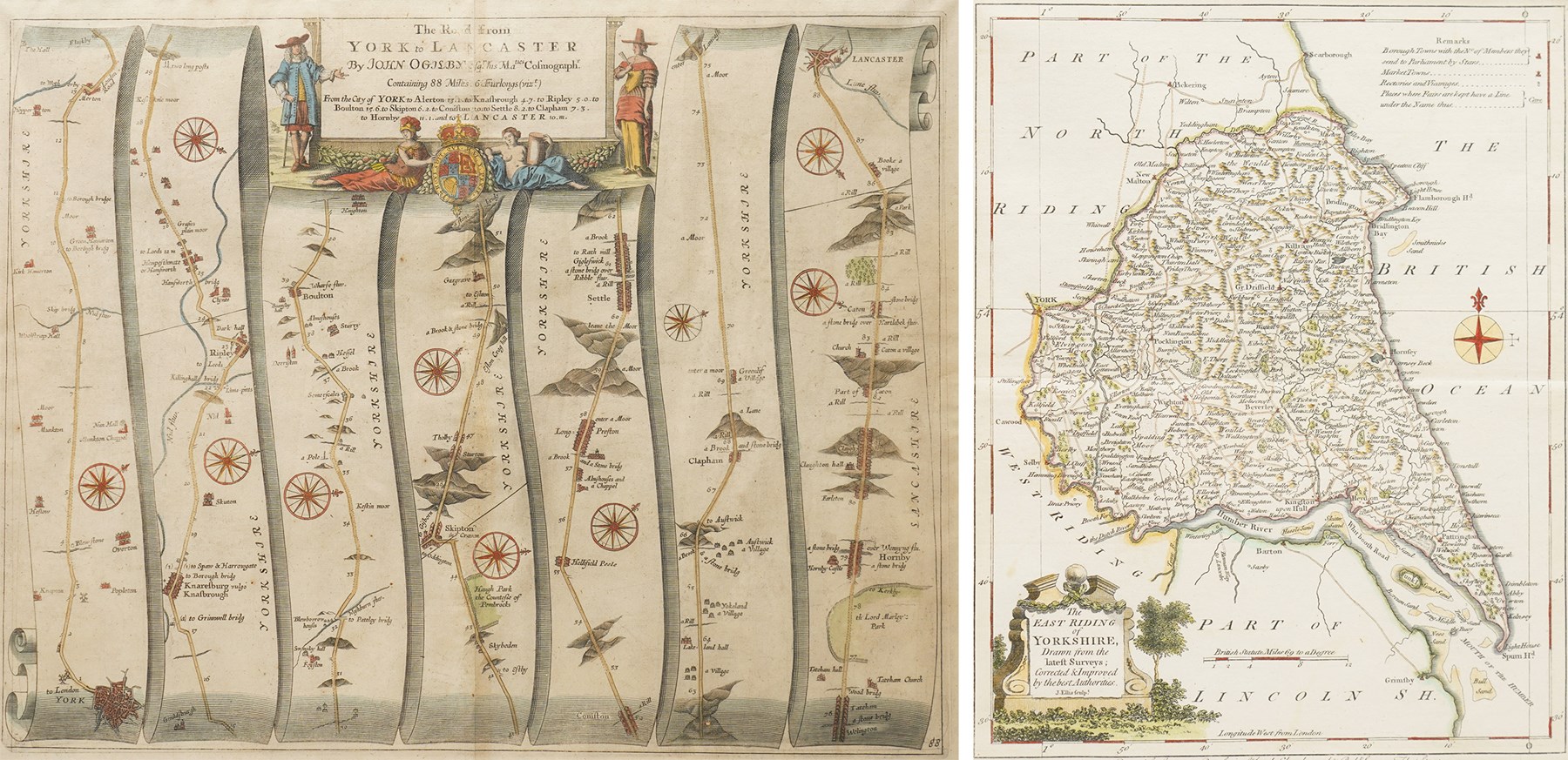 After John Ogilby (British 1600-1676): The Road from York to Lancaster, hand coloured engraving 35.5cm x 45.5cm; After John Ellis (British 18th century): The East Riding of Yorkshire, hand coloured engraving 24.5cm x 19.5cm (2)
Notes: Ogilby's map was first published in his road atlas 'Britannia' in 1675. Ellis' map was first published in 1766.