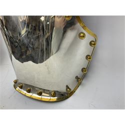 Brass bound and studded polished steel breast and back plates with leather lining and articulated brass securing shoulder straps marked RHG (?Royal Horse Guards); in canvas carrying bag marked 'CN/AA 0760' with various other marks including broad arrow; and two additional shoulder straps