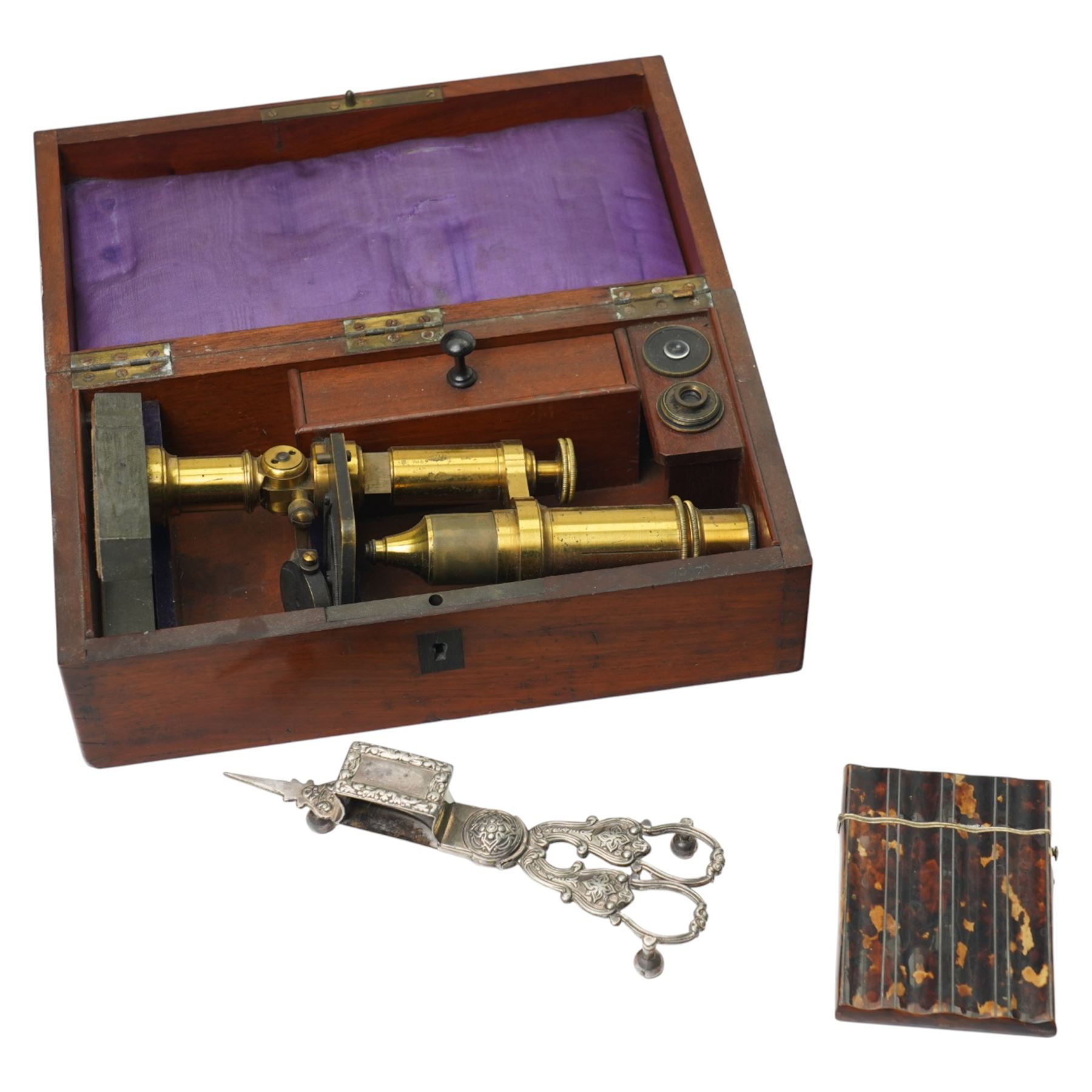 Victorian brass and black japanned microscope with accessories in original mahogany box; snuffing scissors and card case