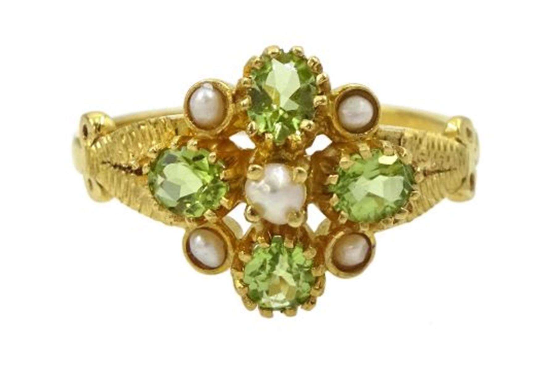 Silver-gilt peridot and pearl cluster ring, stamped