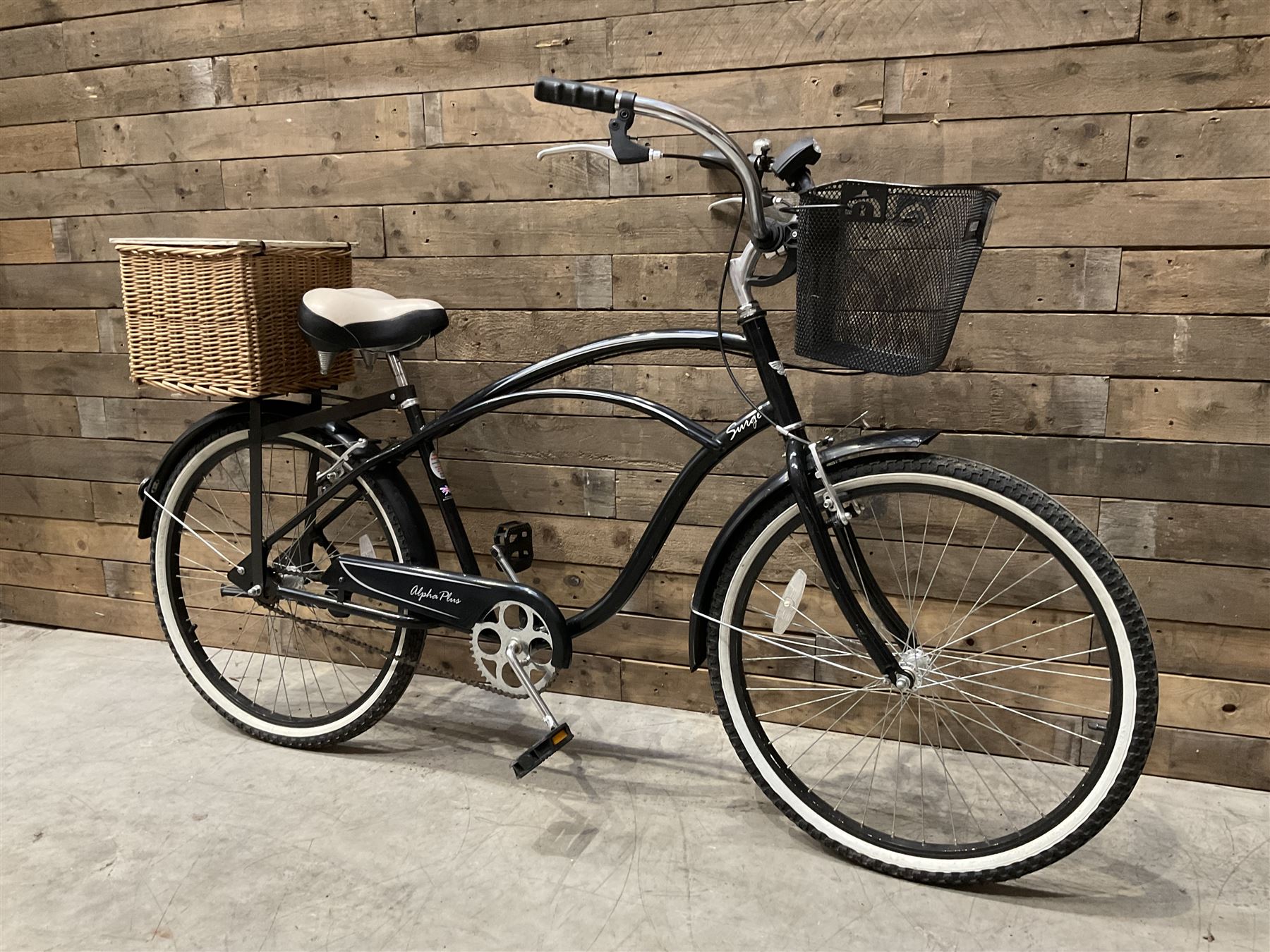 Alpha Plus Surge 26'' bicycle, black, with front and rear baskets