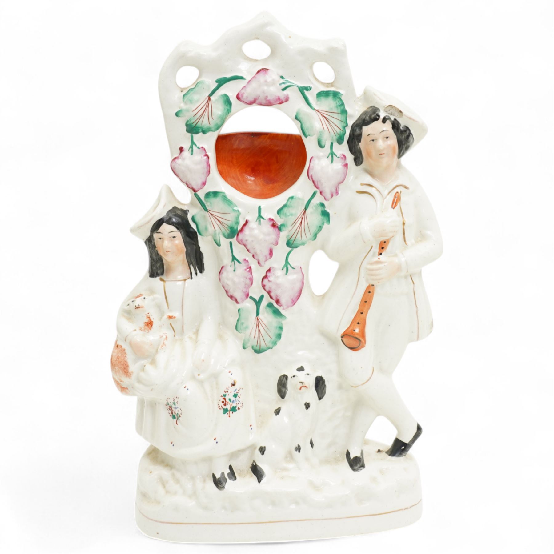 Staffordshire pottery figures including watch stand with piper and companion, pair of dogs and pups, pair of fish sellers and two others