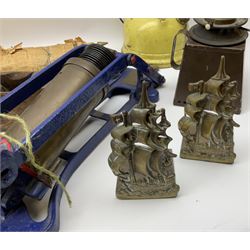 Victorian seal press machine, hand painted in gilt, together with a copper and brass fire hose, Duplex master foot pump by Kismet and other metal collectables. 
