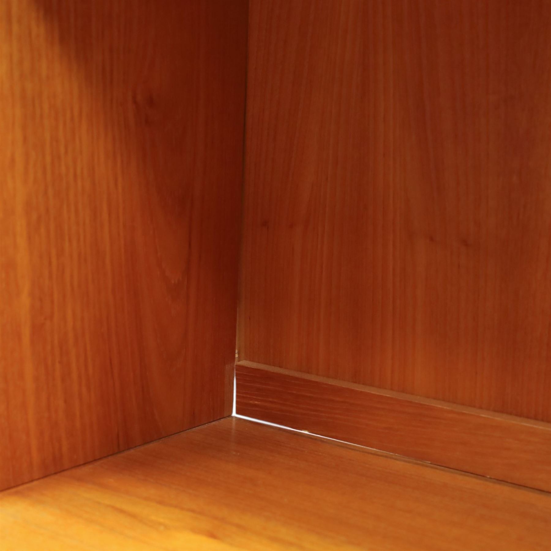 Clausen & Son Silkeborg - Danish 1960s teak highboard wall unit, the upper modular section with open shelves, smoked glass sliding doors and 12